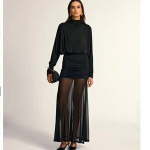 NEW Black Long Sleeve Drape Mesh Dress Size XL